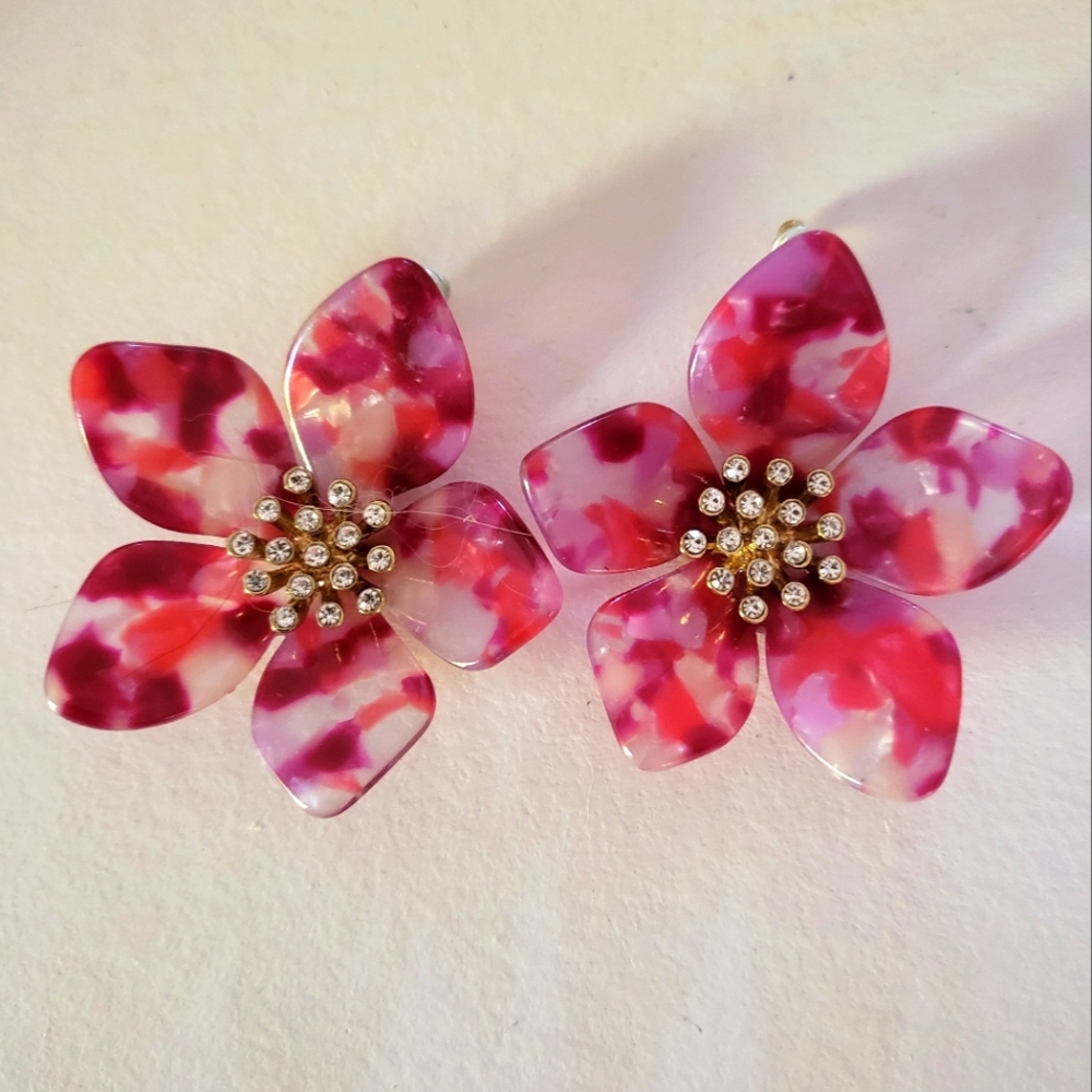 Bakelite Floral Earring Studs with Rhinestone Center